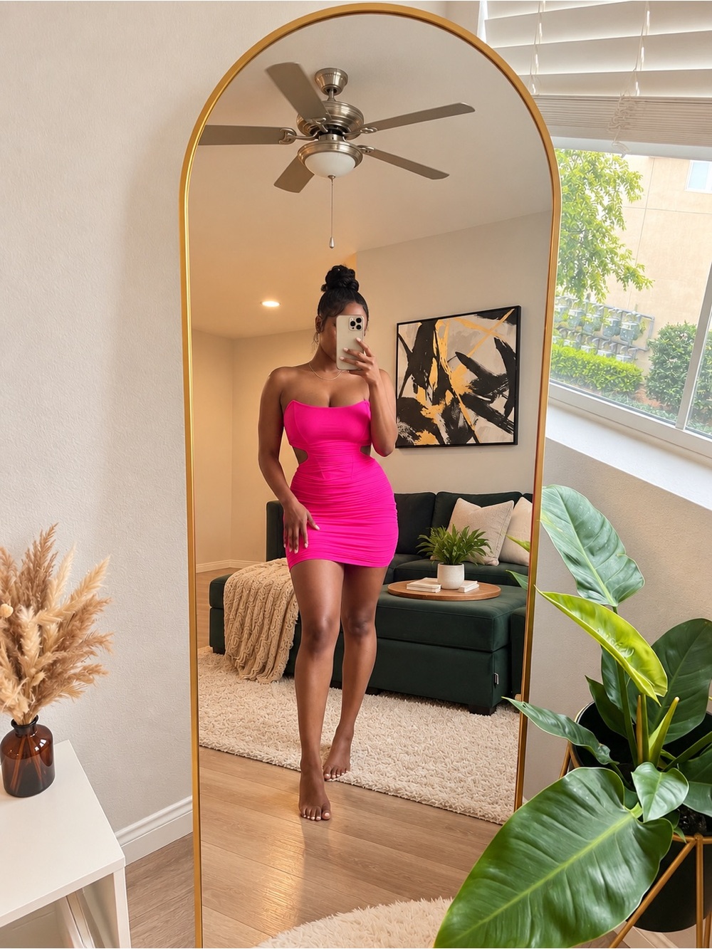 Fitted Hot Pink Ruched Mini Dress - Women
